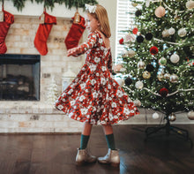 Load image into Gallery viewer, Christmas Red Floral Twirl Dress