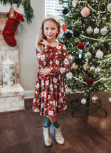 Load image into Gallery viewer, Christmas Red Floral Twirl Dress