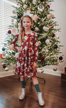 Load image into Gallery viewer, Christmas Red Floral Twirl Dress