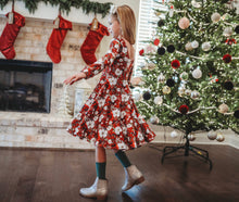 Load image into Gallery viewer, Christmas Red Floral Twirl Dress