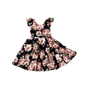 Black Floral Spring Flutter Twirl Dress