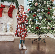 Load image into Gallery viewer, Christmas Red Floral Twirl Dress